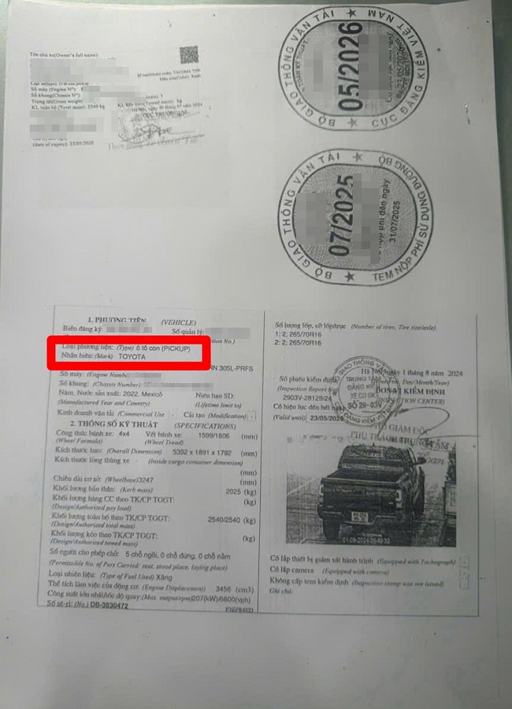 Hình ảnh đăng kiểm xe bán tải ô tô con Pickup